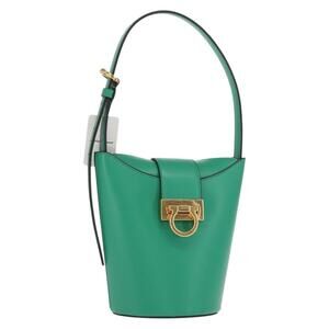 Salvatore Ferragamo Gancini trifolio Hand Bag Leather Green Gold Auth am10228V